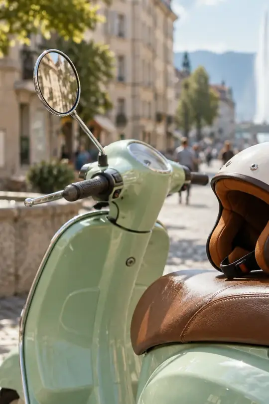 Un casque posé sur la selle d’un scooter vert menthe, dans une rue claire aux pavés, au soleil.