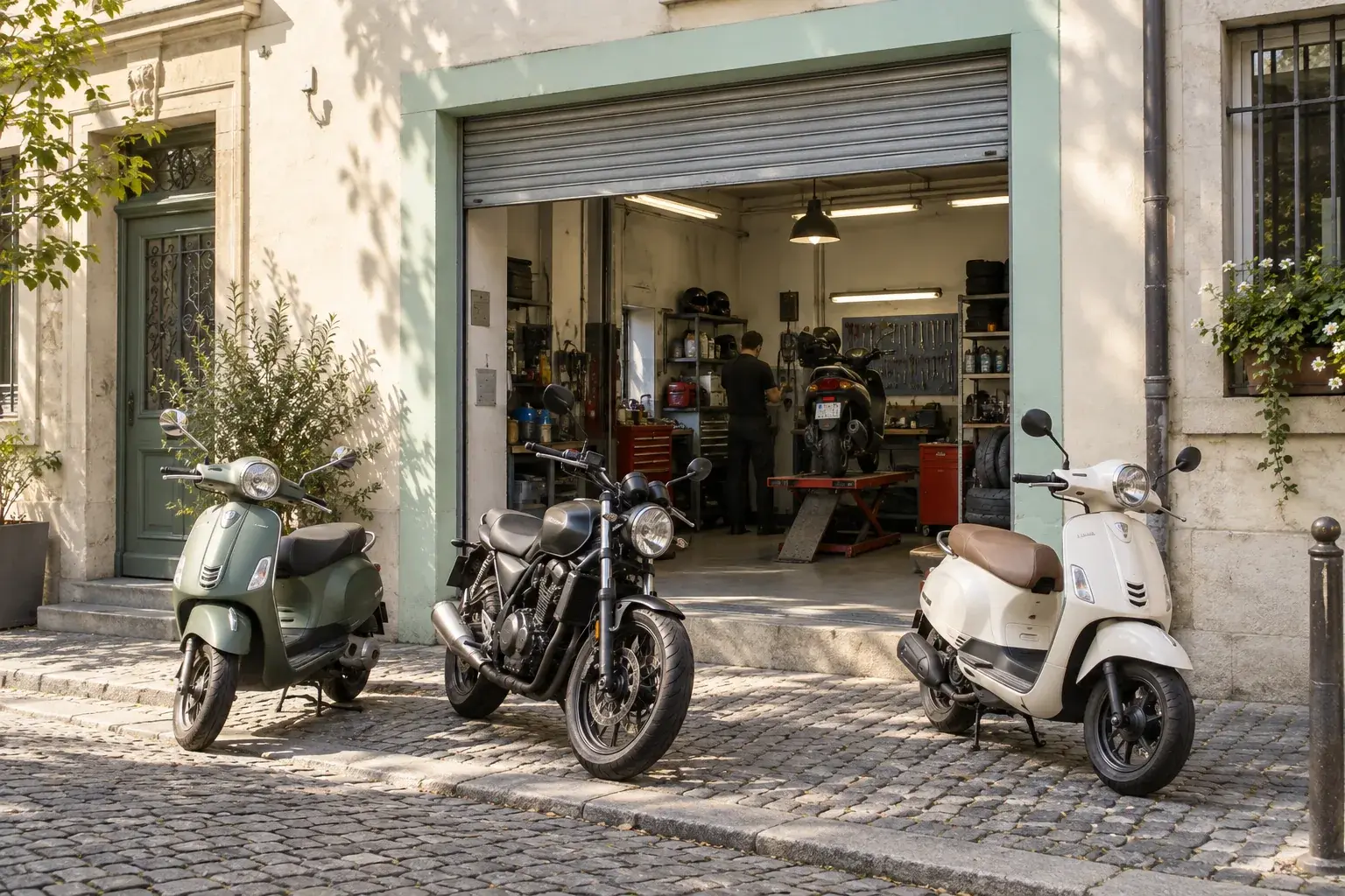 La façade de l’atelier, rideau levé et encadrement de porte vert menthe : deux scooters et une moto garés devant, sur les pavés, au soleil.