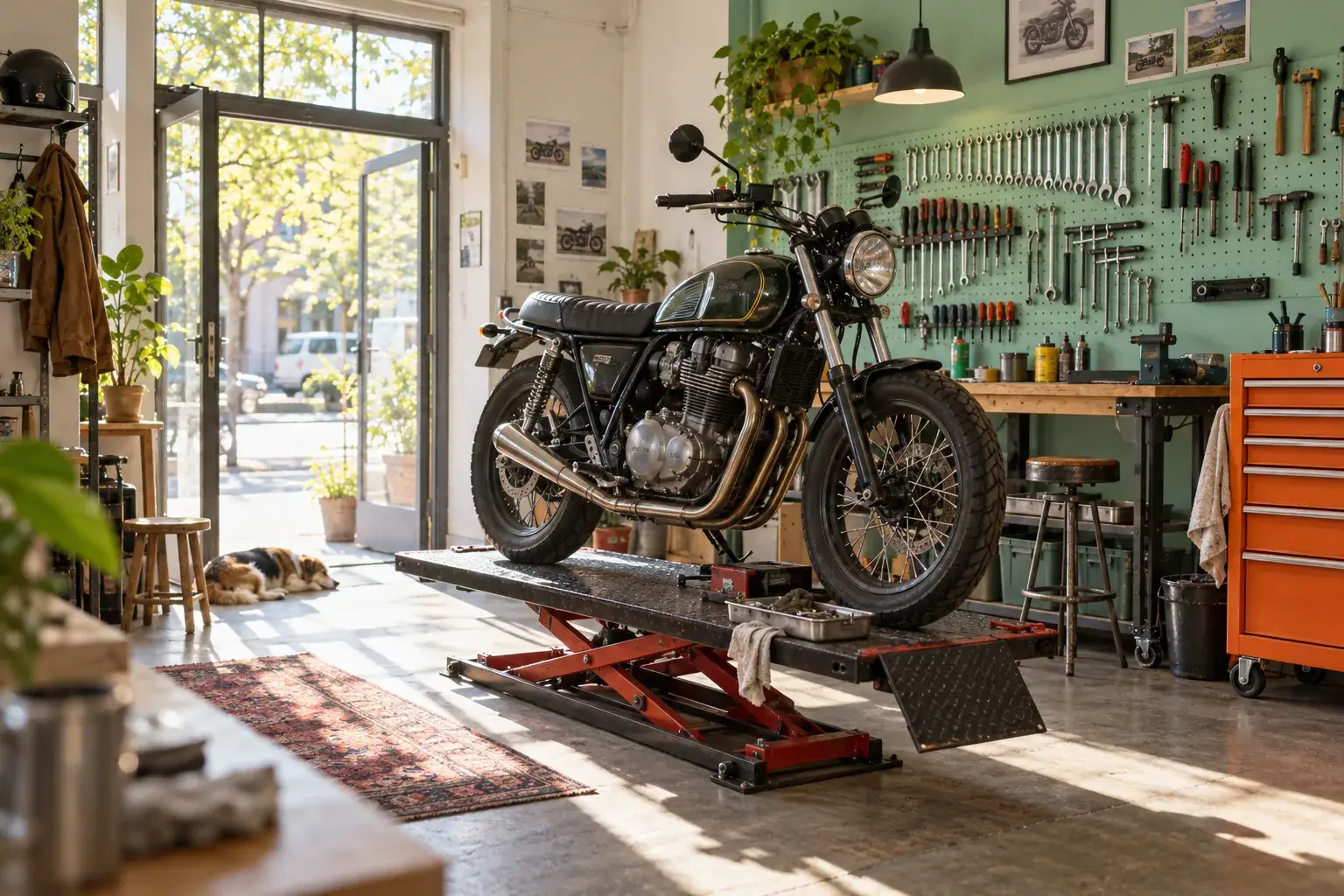 L’intérieur lumineux de l’atelier : une moto sur le lève-moto, un mur d’outils peint en vert menthe, une servante orange.