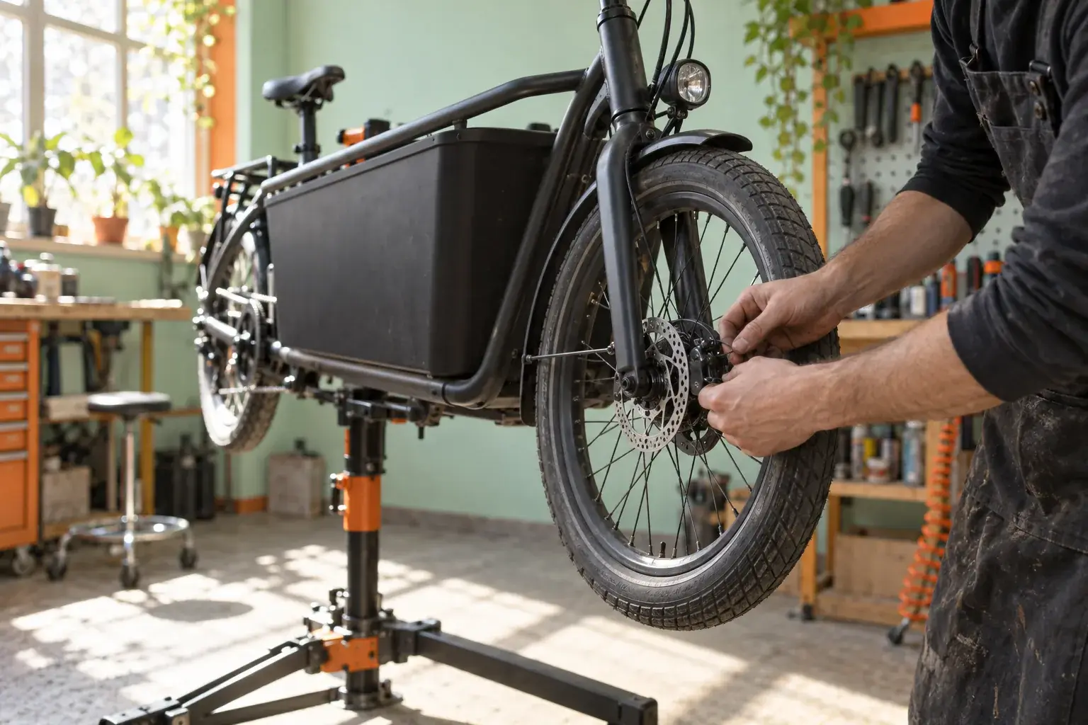 Un vélo cargo électrique sur pied d’atelier ; un mécanicien contrôle le frein de la roue avant.